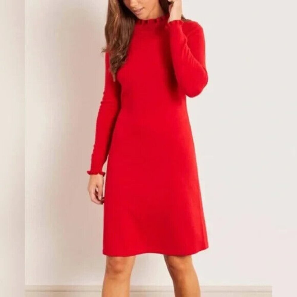 Boden Lara Red Knitted Wool Long Sleeve High Neck Ruffle Midi Dress, Sz 12